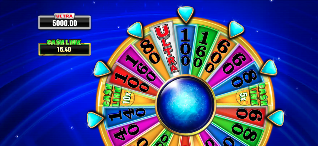 Wheel of Fortune Shimmering Sapphires slot machine wheel bonus with seven pointers